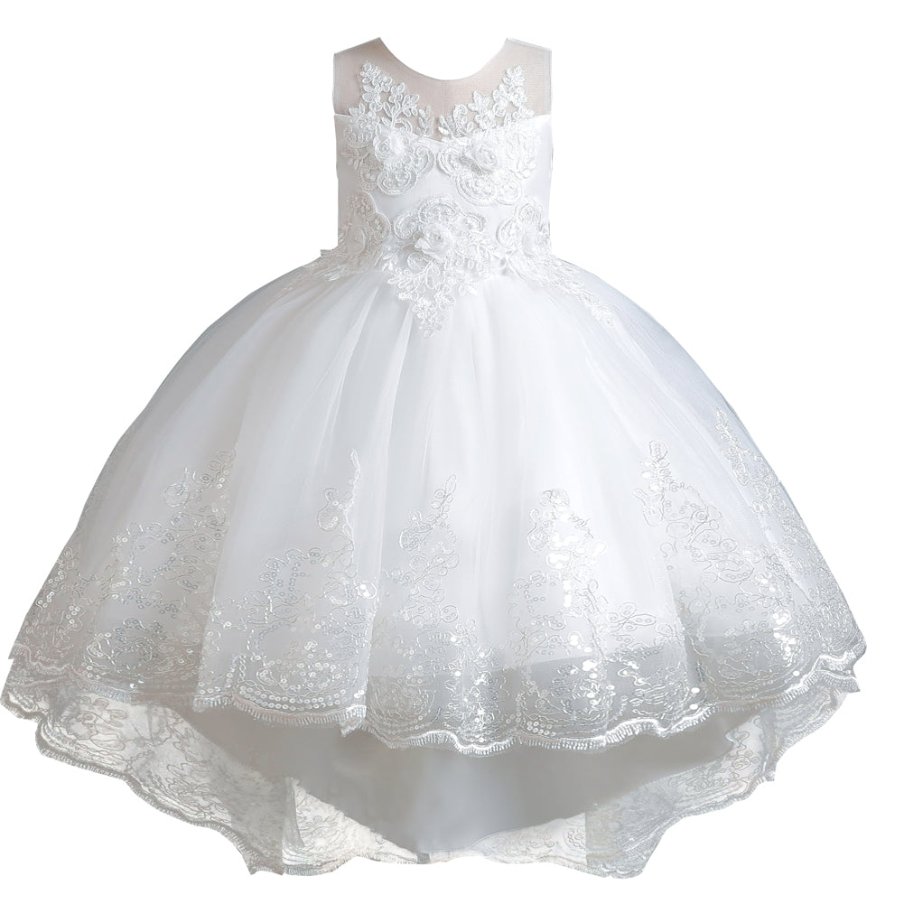 Girls White Floral Embellished Fit and Flare Balloon Dress