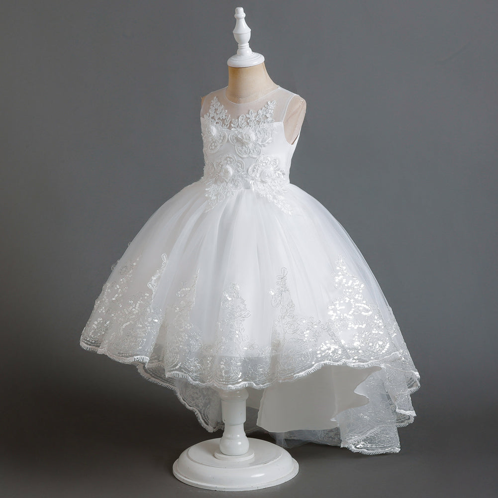 Girls White Floral Embellished Fit and Flare Balloon Dress