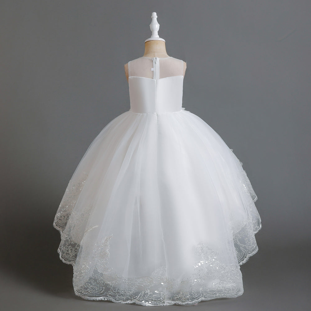 Girls White Floral Embellished Fit and Flare Balloon Dress
