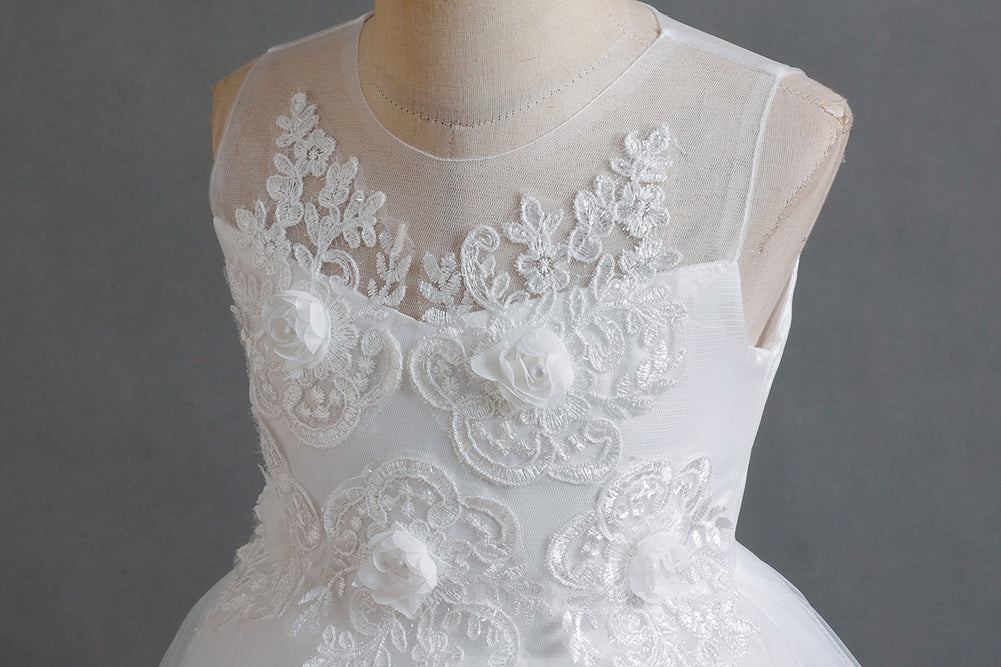 Girls White Floral Embellished Fit and Flare Balloon Dress