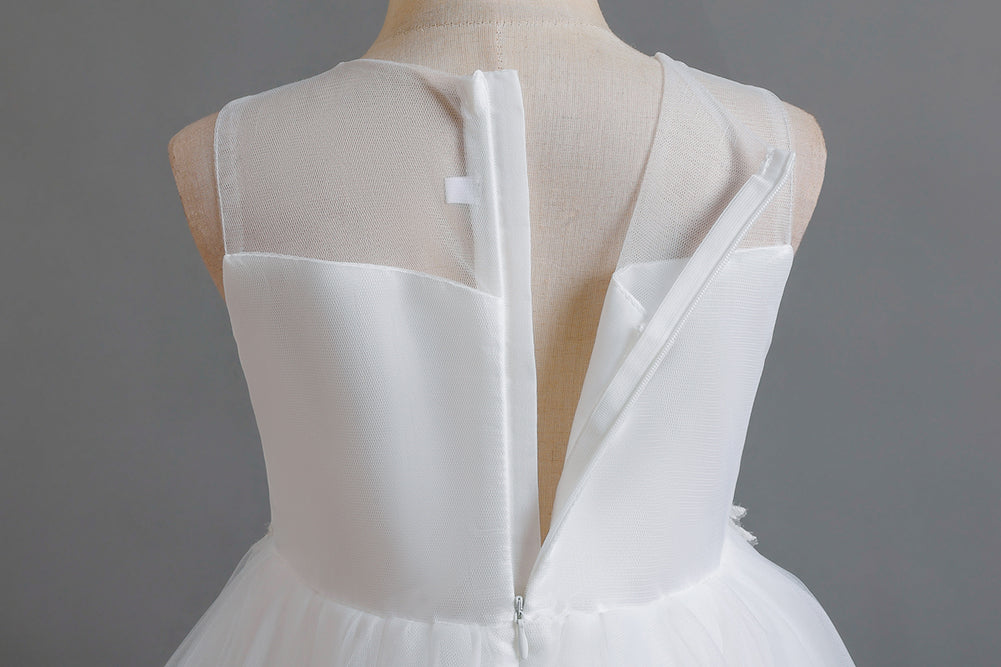Girls White Floral Embellished Fit and Flare Balloon Dress