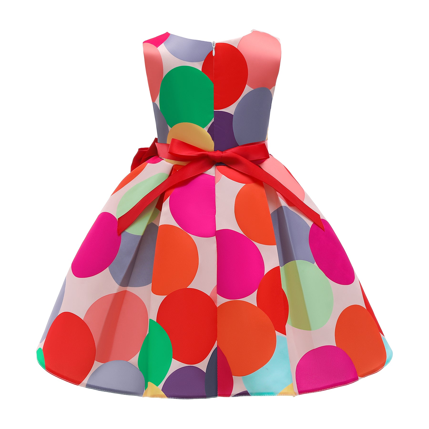 Girls Red Polka Dots Printed Sleeveless Bow Detail Cotton Fit & Flare Dress