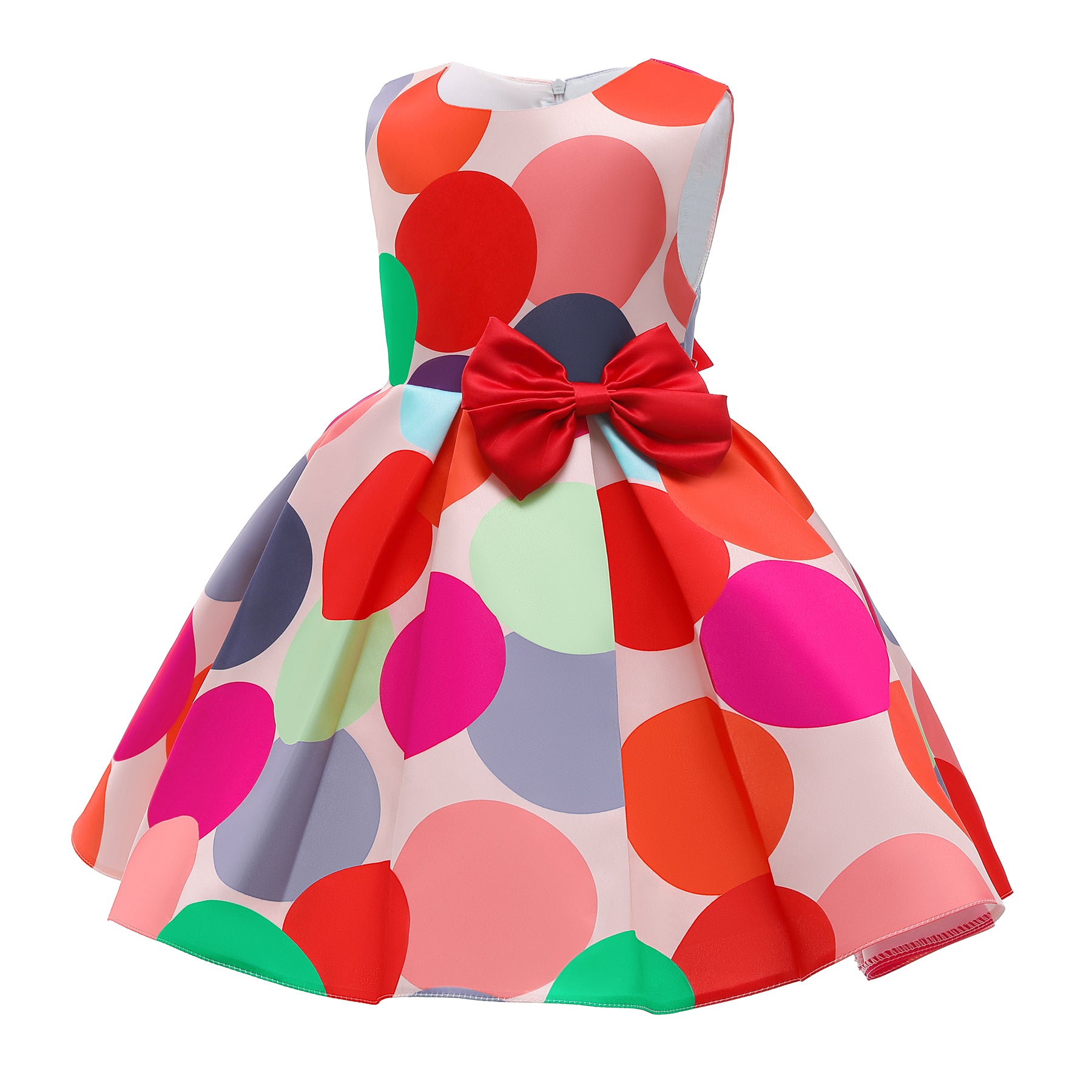 Girls Red Polka Dots Printed Sleeveless Bow Detail Cotton Fit & Flare Dress