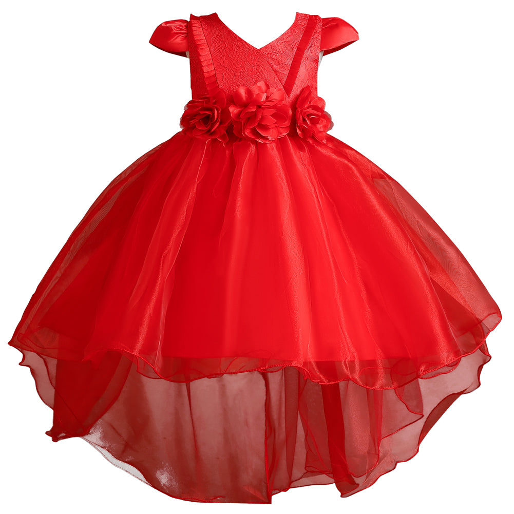 Girls Red Floral Self Design V-Neck Cap Sleeves Applique Balloon Midi Dress