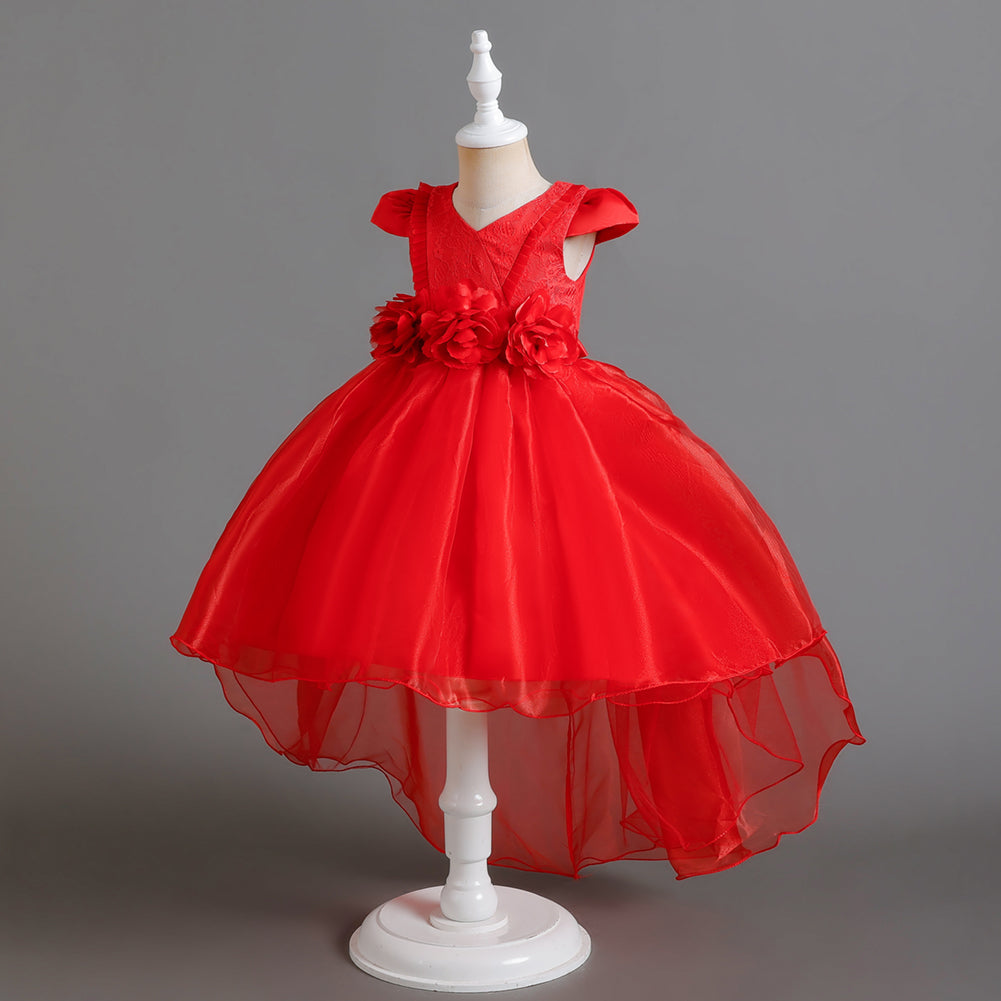 Girls Red Floral Self Design V-Neck Cap Sleeves Applique Balloon Midi Dress