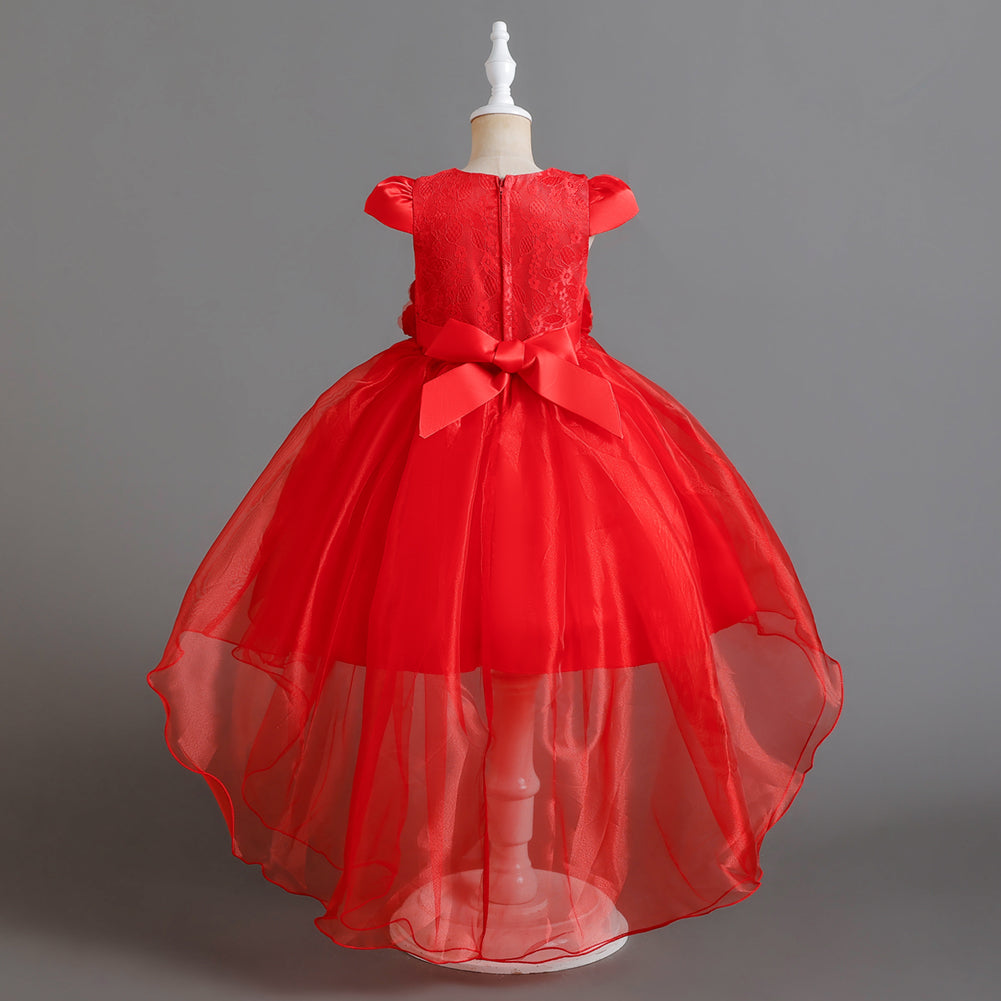Girls Red Floral Self Design V-Neck Cap Sleeves Applique Balloon Midi Dress