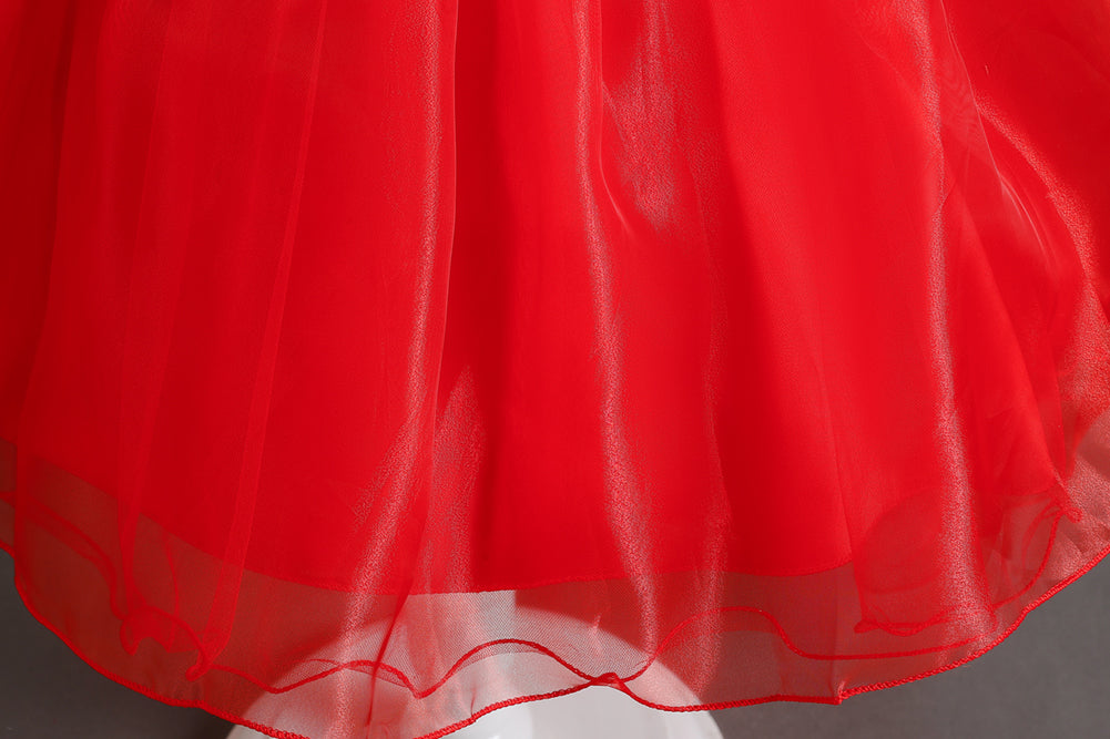Girls Red Floral Self Design V-Neck Cap Sleeves Applique Balloon Midi Dress