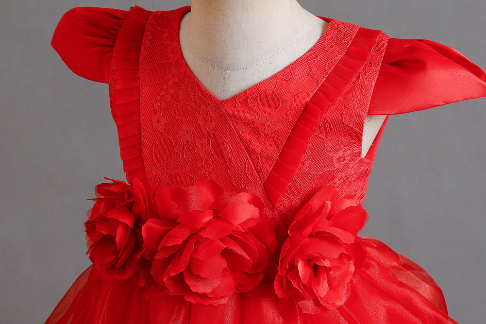 Girls Red Floral Self Design V-Neck Cap Sleeves Applique Balloon Midi Dress