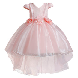 Pink Girls Cap Sleeves Lace Inserts Balloon Dress