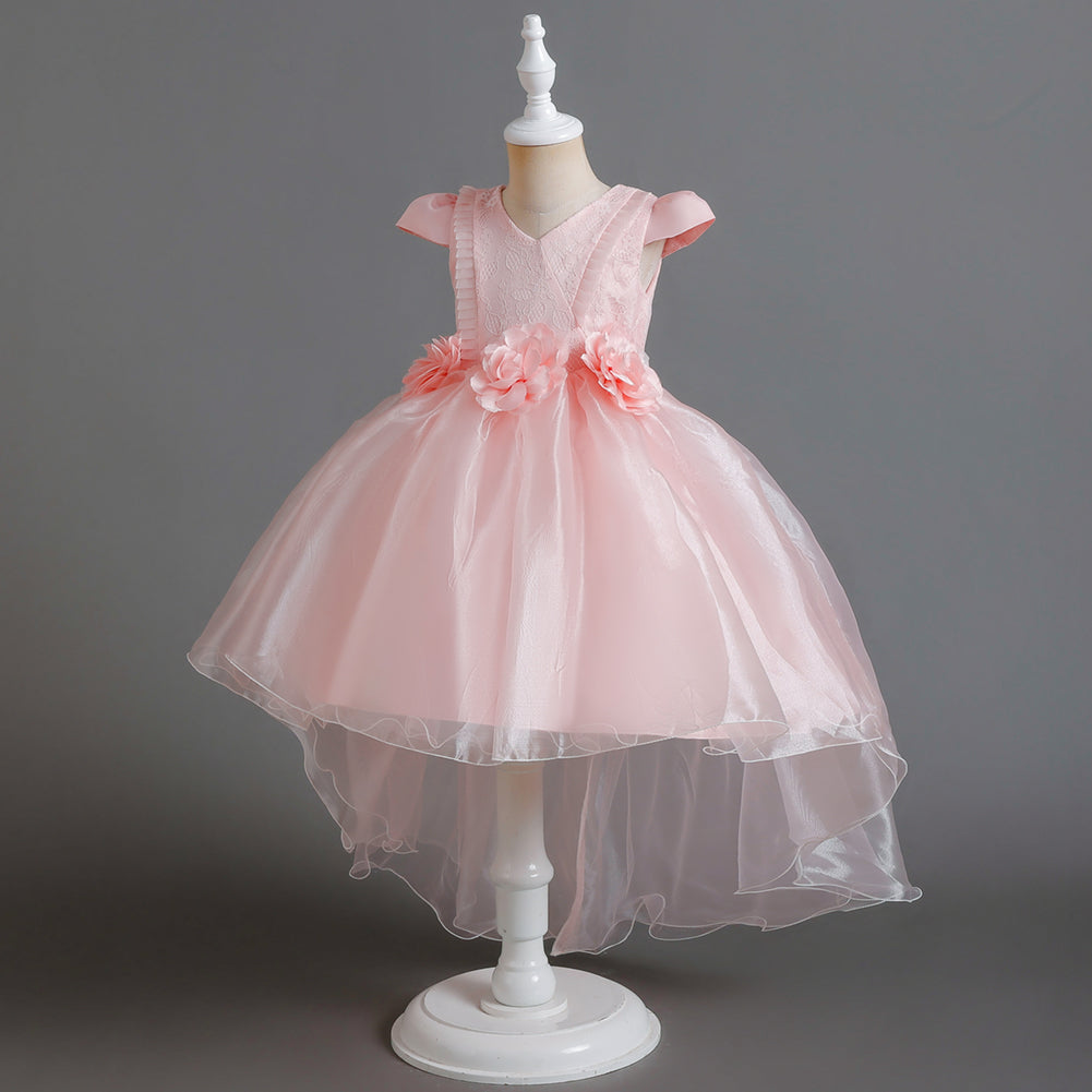 Pink Girls Cap Sleeves Lace Inserts Balloon Dress