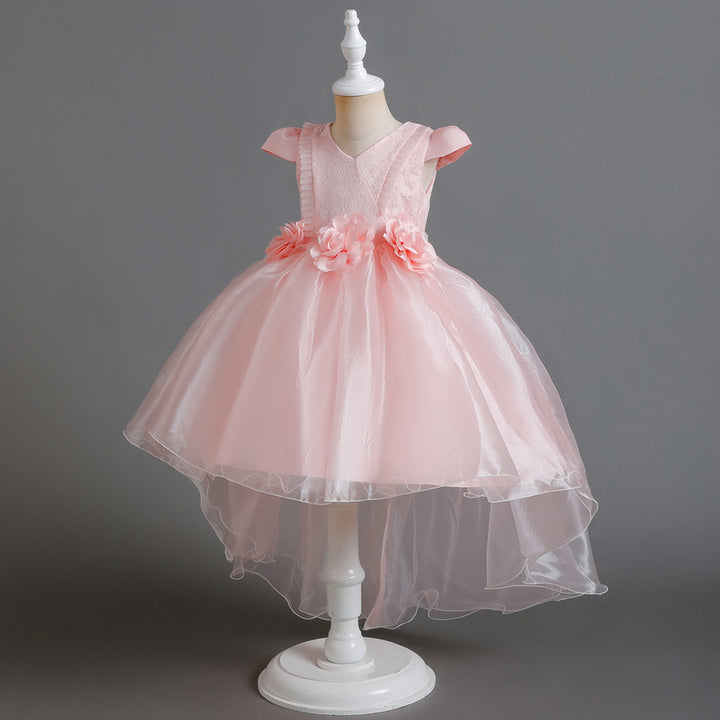 Pink Girls Cap Sleeves Lace Inserts Balloon Dress