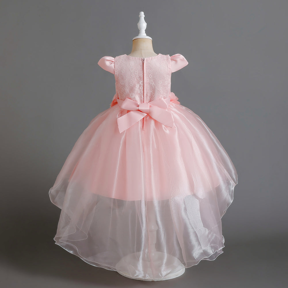 Pink Girls Cap Sleeves Lace Inserts Balloon Dress