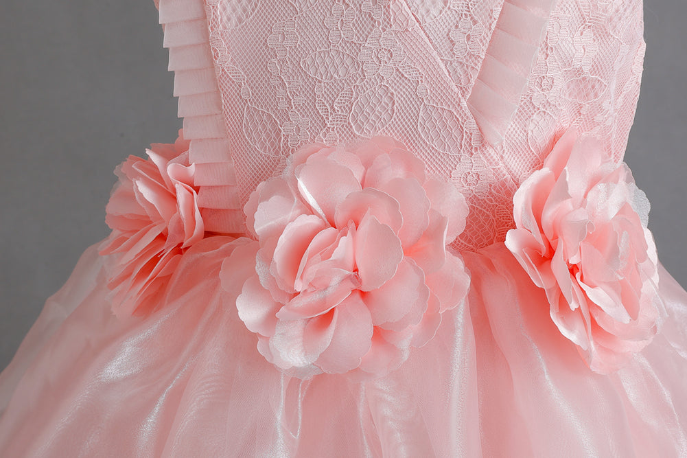 Pink Girls Cap Sleeves Lace Inserts Balloon Dress