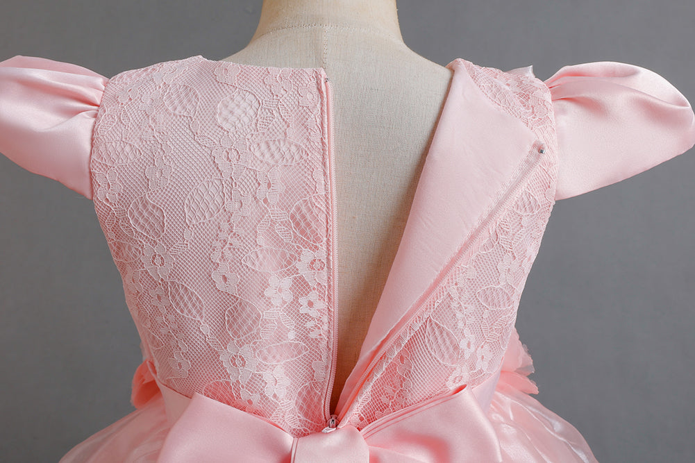 Pink Girls Cap Sleeves Lace Inserts Balloon Dress