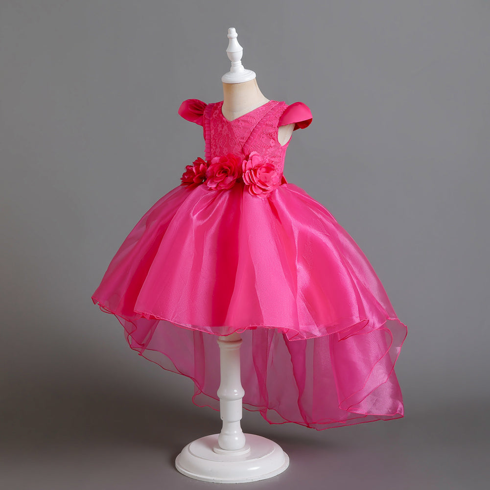 Fuchsia Round Neck Cap Sleeves Gathered Balloon Dress