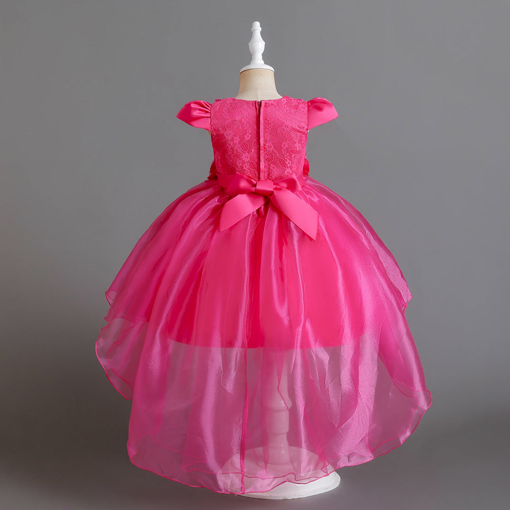 Fuchsia Round Neck Cap Sleeves Gathered Balloon Dress