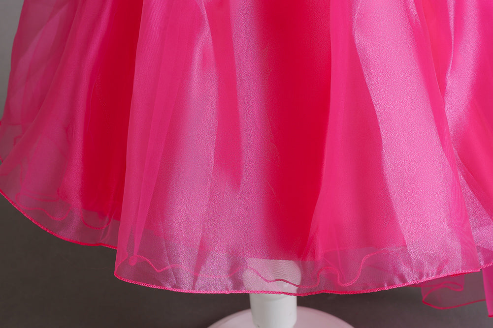 Fuchsia Round Neck Cap Sleeves Gathered Balloon Dress