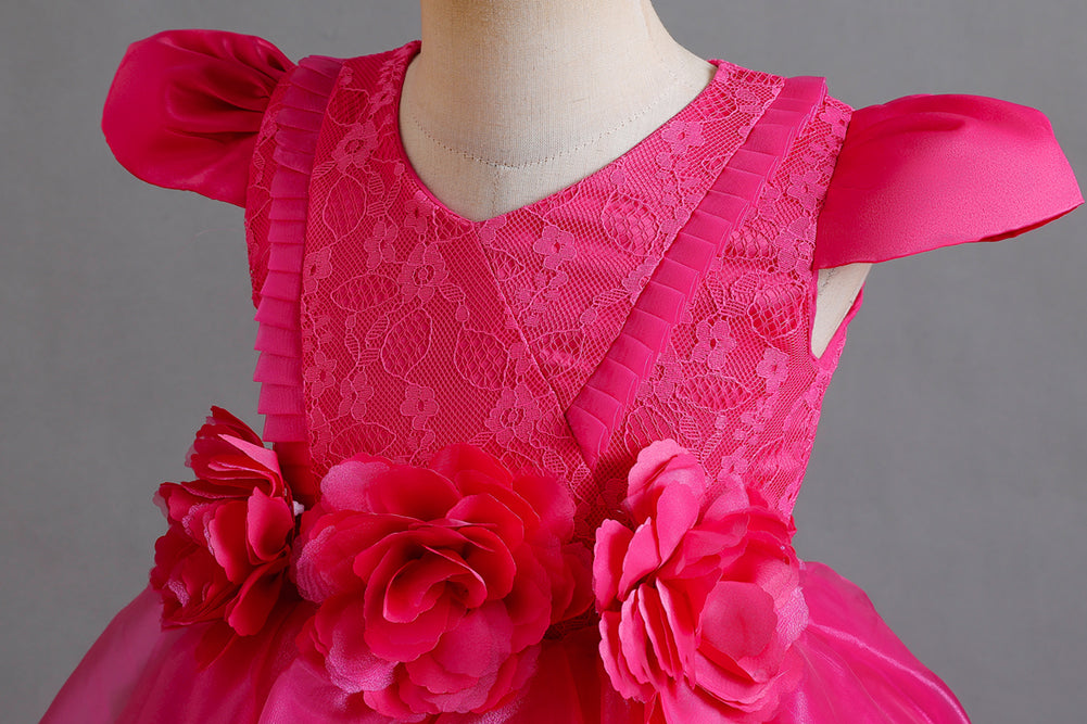 Fuchsia Round Neck Cap Sleeves Gathered Balloon Dress