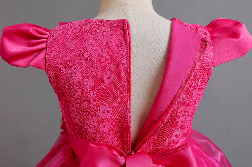 Fuchsia Round Neck Cap Sleeves Gathered Balloon Dress