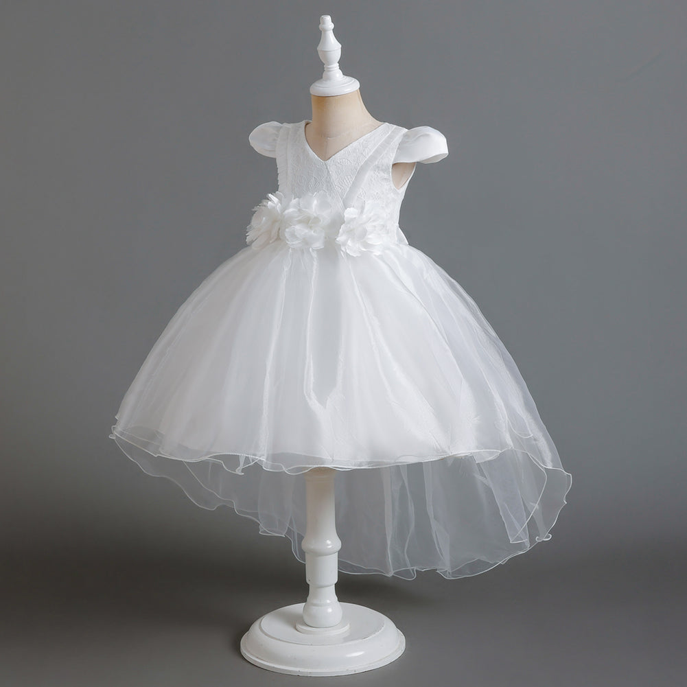 Girls White Floral Applique Fit and Flare Dress