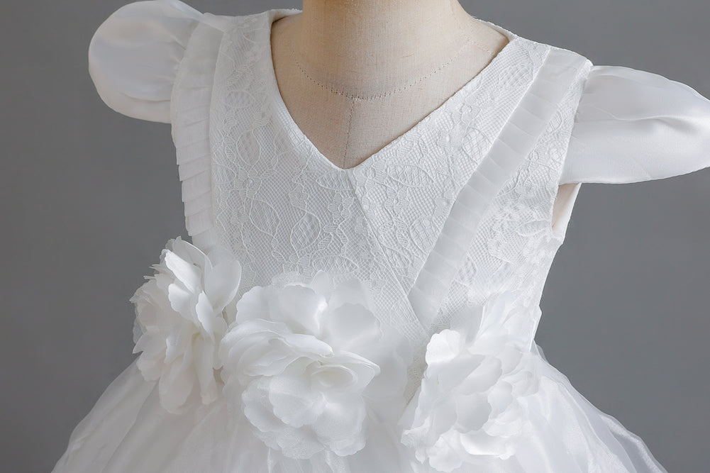Girls White Floral Applique Fit and Flare Dress