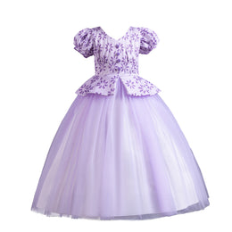 Girls Purple Floral Printed Puffed Sleeves Fit & Flare Maxi Dress