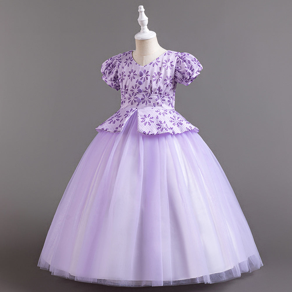 Girls Purple Floral Printed Puffed Sleeves Fit & Flare Maxi Dress