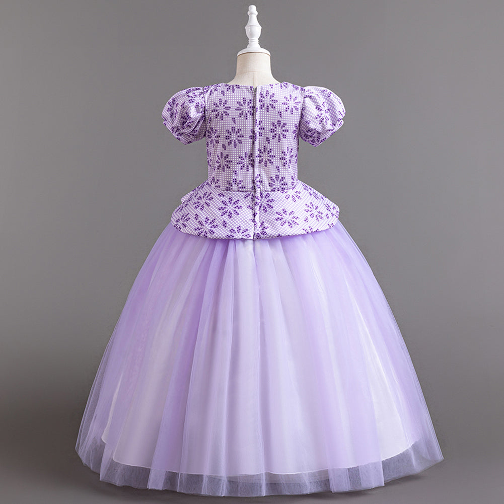Girls Purple Floral Printed Puffed Sleeves Fit & Flare Maxi Dress