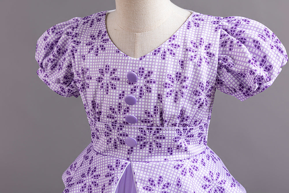 Girls Purple Floral Printed Puffed Sleeves Fit & Flare Maxi Dress