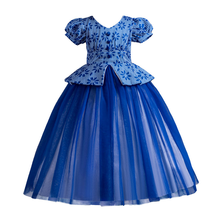 Girls Blue Floral Printed Puffed Sleeves Fit & Flare Maxi Dress