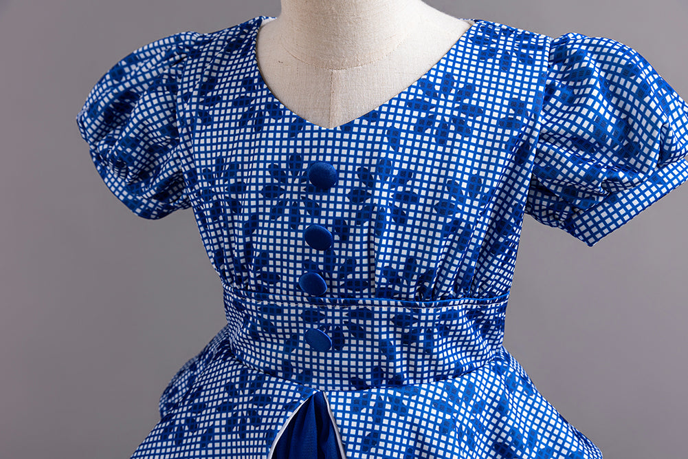 Girls Blue Floral Printed Puffed Sleeves Fit & Flare Maxi Dress