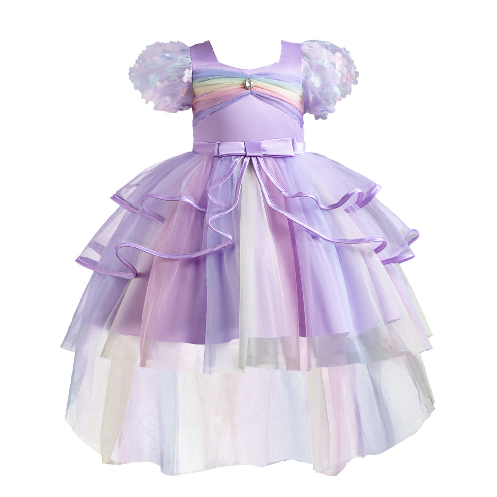 Girls Purple Puffed Sleeves Layered Fit & Flare Dress