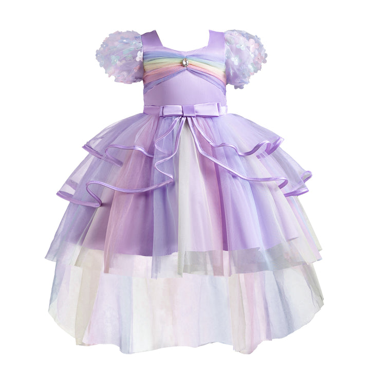 Girls Purple Puffed Sleeves Layered Fit & Flare Dress