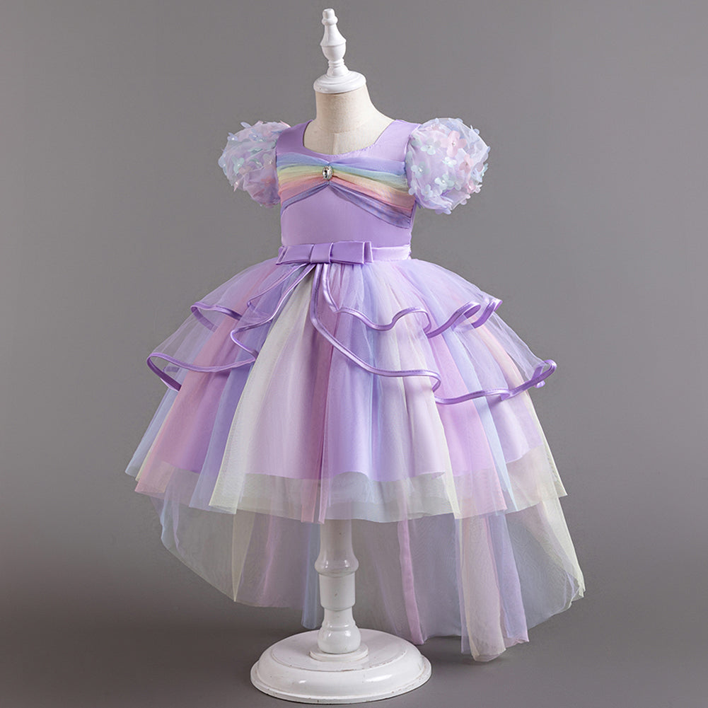 Girls Purple Puffed Sleeves Layered Fit & Flare Dress