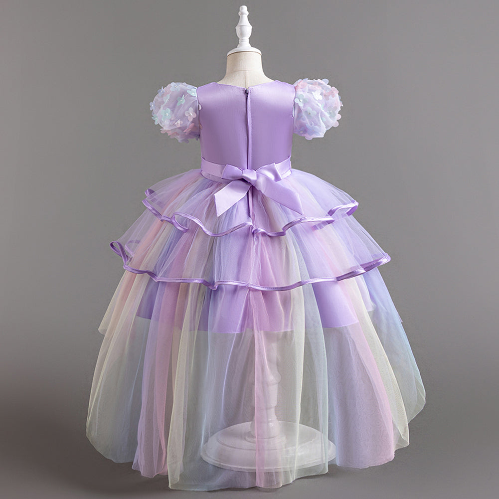 Girls Purple Puffed Sleeves Layered Fit & Flare Dress