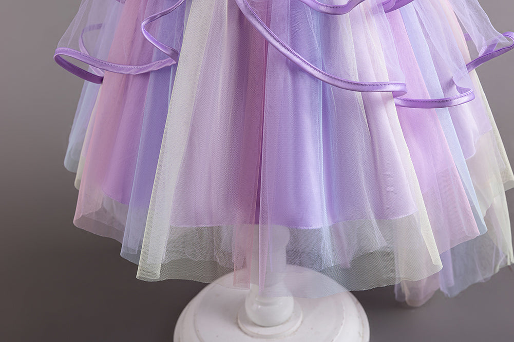 Girls Purple Puffed Sleeves Layered Fit & Flare Dress