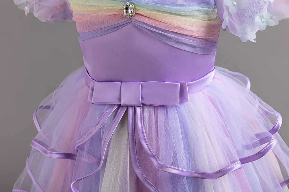 Girls Purple Puffed Sleeves Layered Fit & Flare Dress