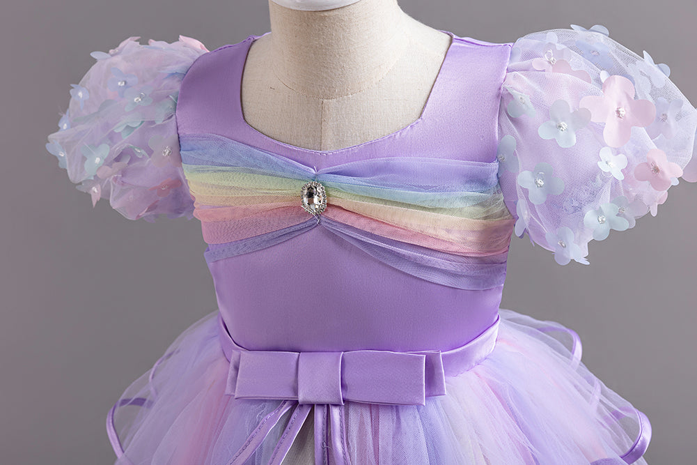 Girls Purple Puffed Sleeves Layered Fit & Flare Dress