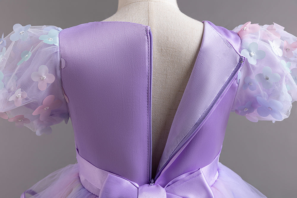 Girls Purple Puffed Sleeves Layered Fit & Flare Dress