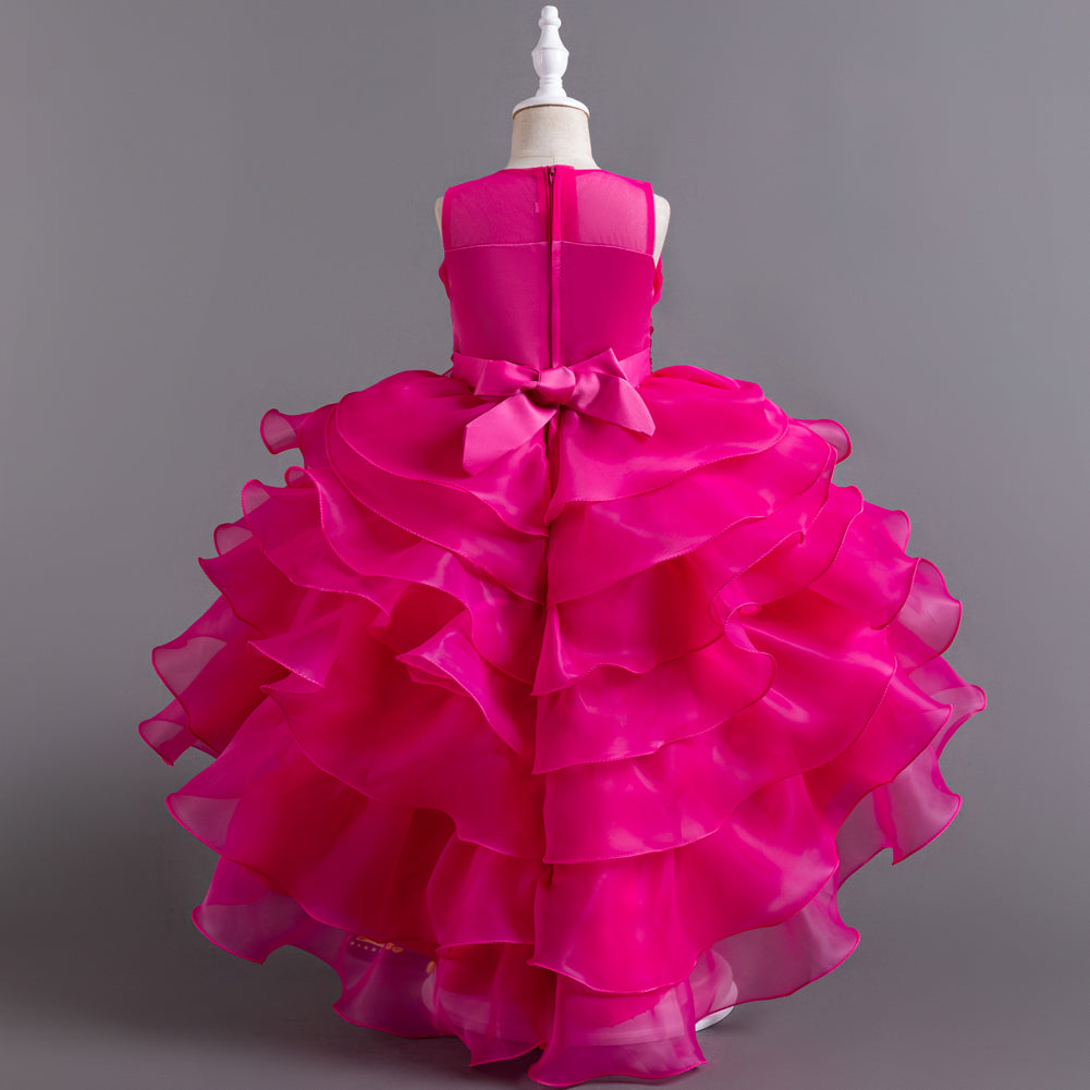 Girls Fuchsia Embellished Layered Fit and Flare Dress