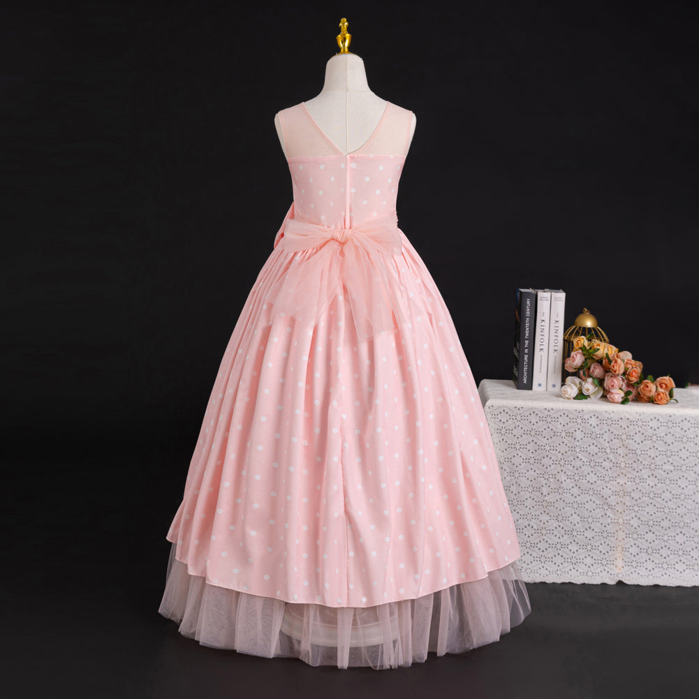 Girls Polka Dot Printed Bow Detail Maxi Dress
