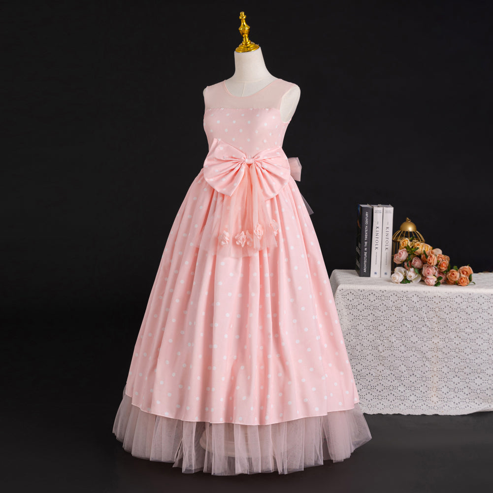 Girls Polka Dot Printed Bow Detail Maxi Dress