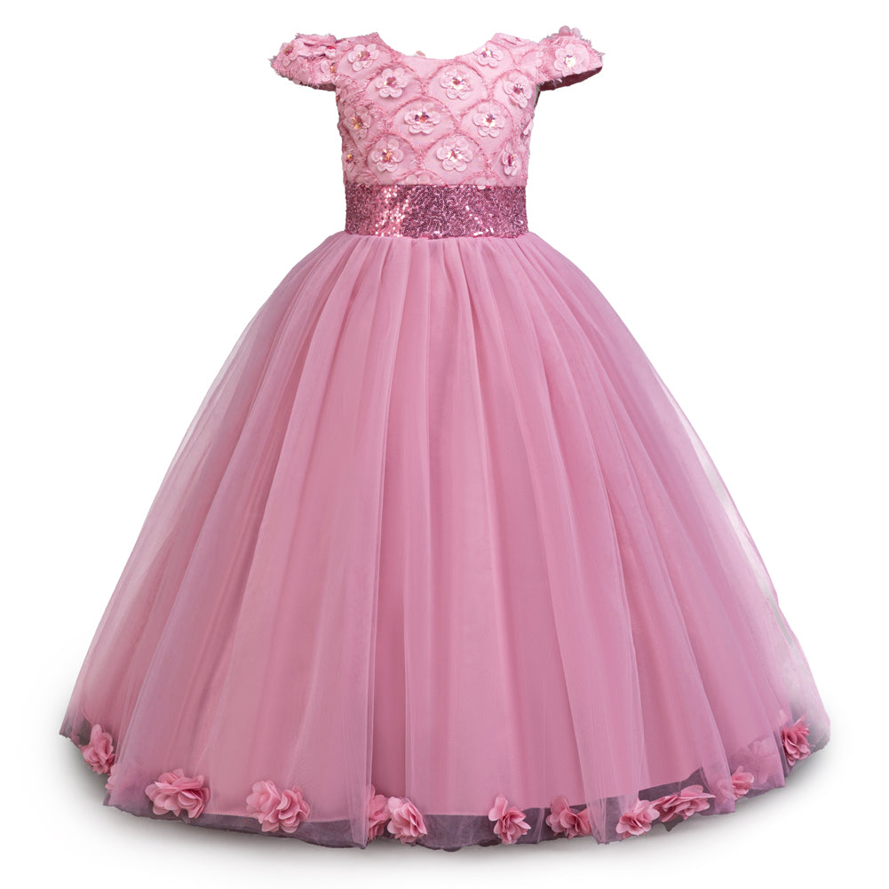 Girls Sequined Embellished Cap Sleeves Gown Maxi Dress