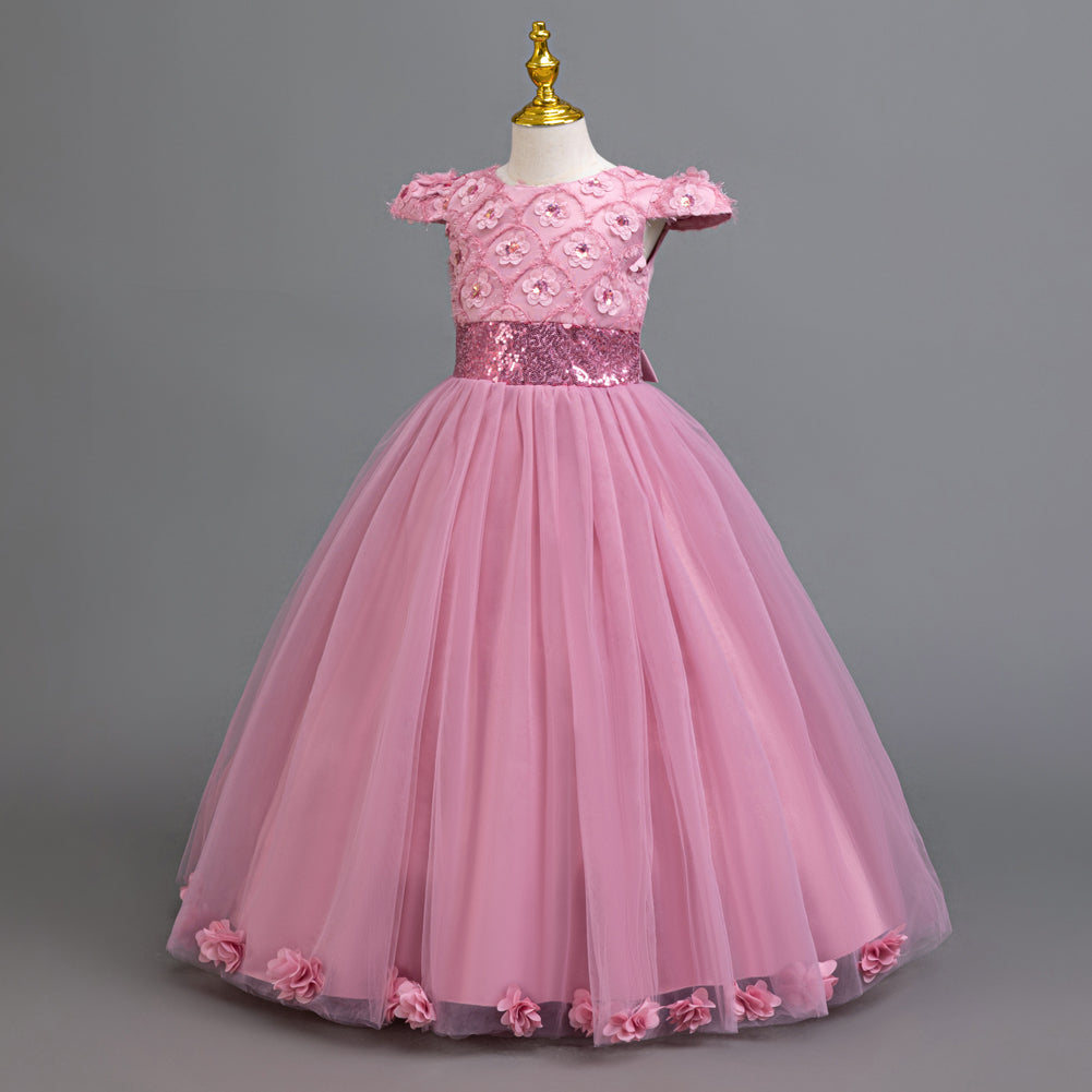 Girls Sequined Embellished Cap Sleeves Gown Maxi Dress