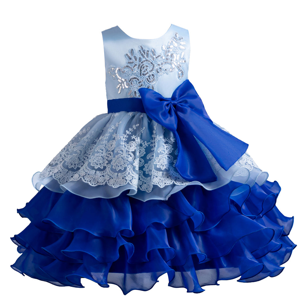Girls Blue Floral Embroidered Bow Detail Layered Fit & Flare Maxi Dress