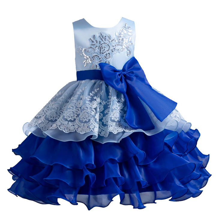 Girls Blue Floral Embroidered Bow Detail Layered Fit & Flare Maxi Dress