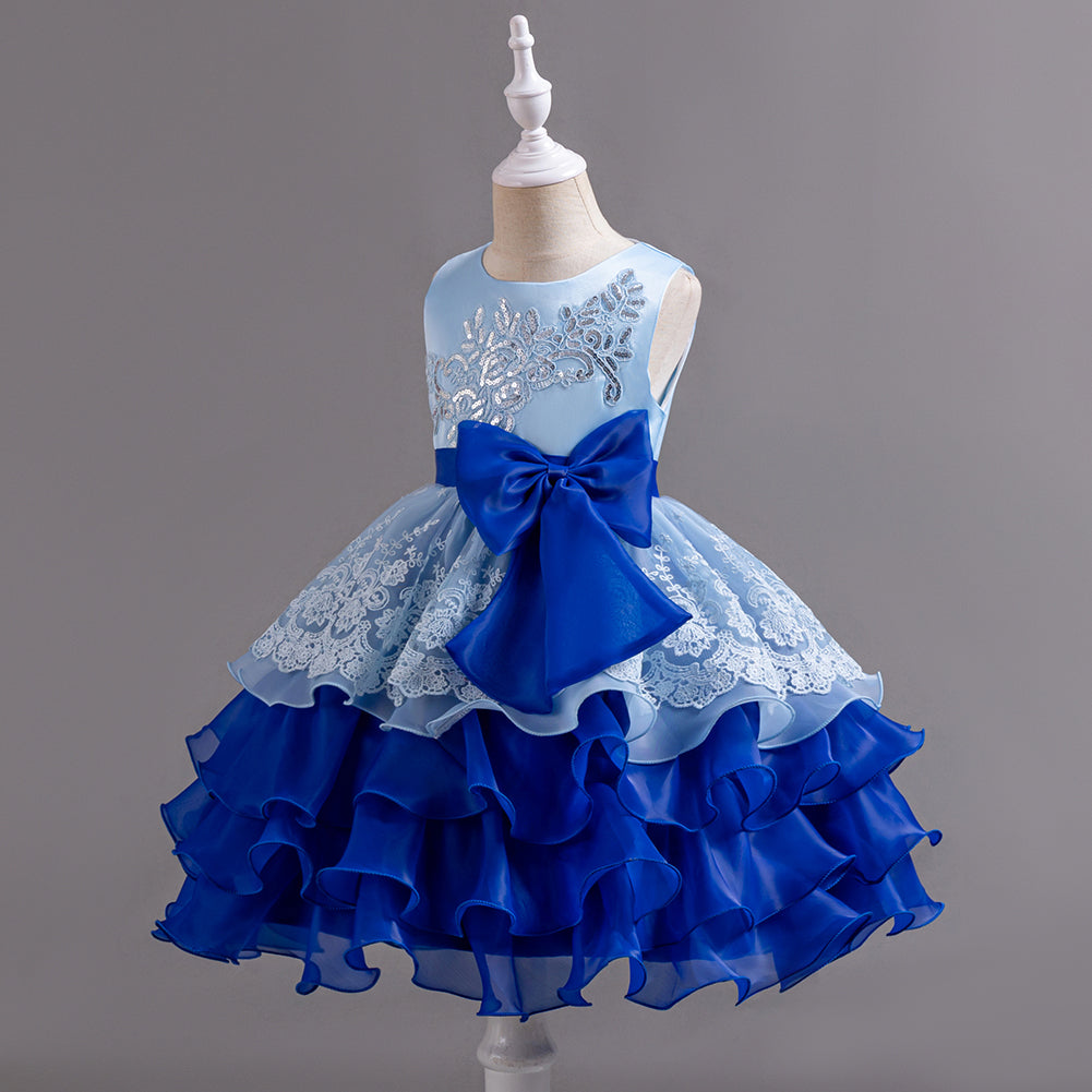Girls Blue Floral Embroidered Bow Detail Layered Fit & Flare Maxi Dress
