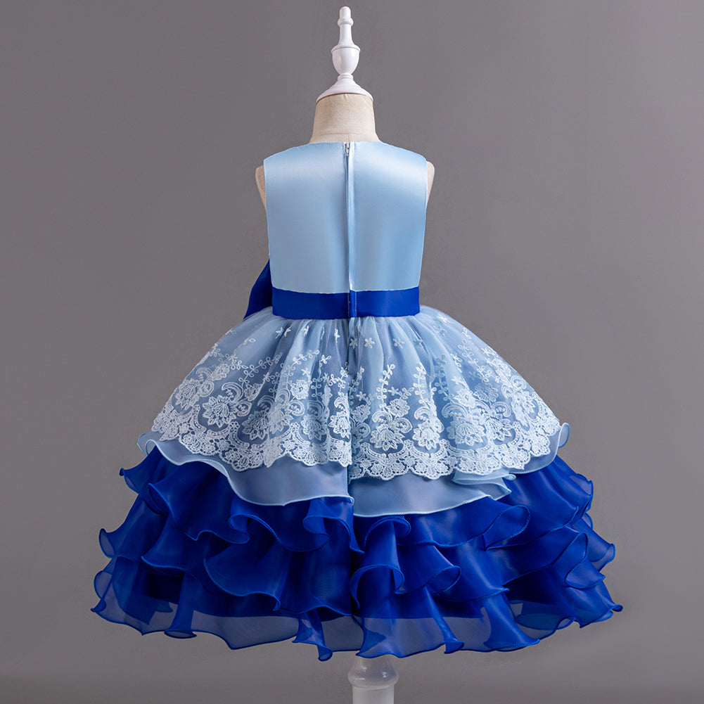 Girls Blue Floral Embroidered Bow Detail Layered Fit & Flare Maxi Dress