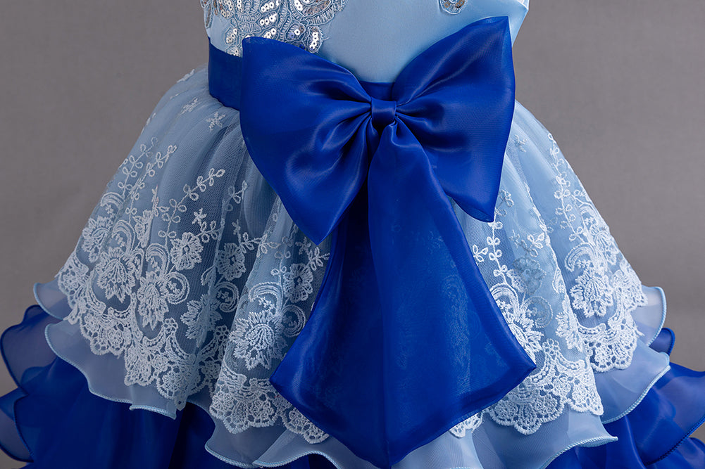Girls Blue Floral Embroidered Bow Detail Layered Fit & Flare Maxi Dress
