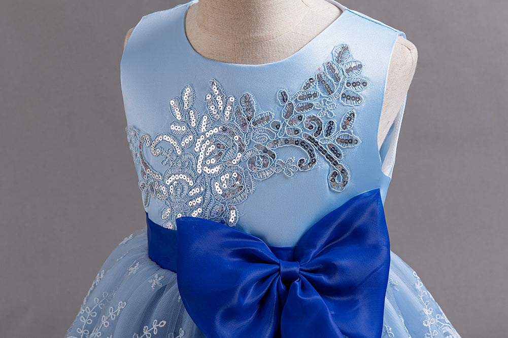 Girls Blue Floral Embroidered Bow Detail Layered Fit & Flare Maxi Dress